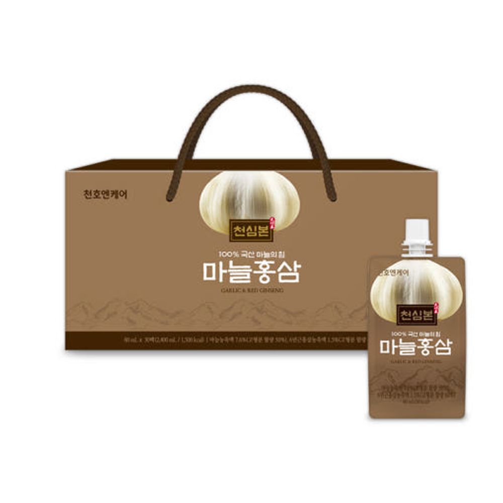 ChunhoNcare Korean Garlic & 6-Year Red Ginseng Extract Drink, 30 Pouches — Energy & Immune Support Tonic | 100% Korean Ingredients, 11-Step Extraction Process _ Made in KOREA